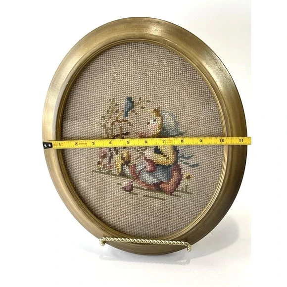 Hummel Framed Needlepoint Picture Little Girl w Bird 70s Vintage Crewel - Picture 6 of 6